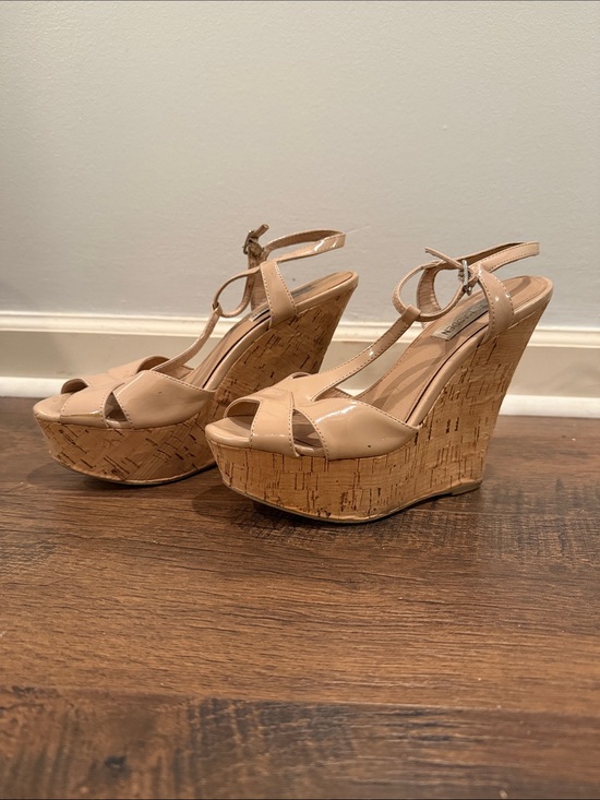 Steve Madden Shoes - Steve Madden Nude Patent Cork Wedge Sandals with Ankle Strap